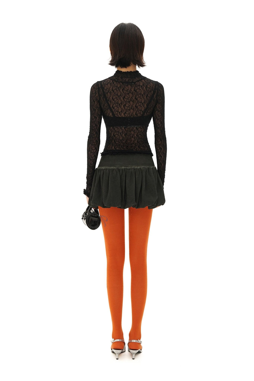 Stretch Lace Ruffled Mock Neck Fitted Long Sleeve Top - COPPING THREADS - MOROMORO