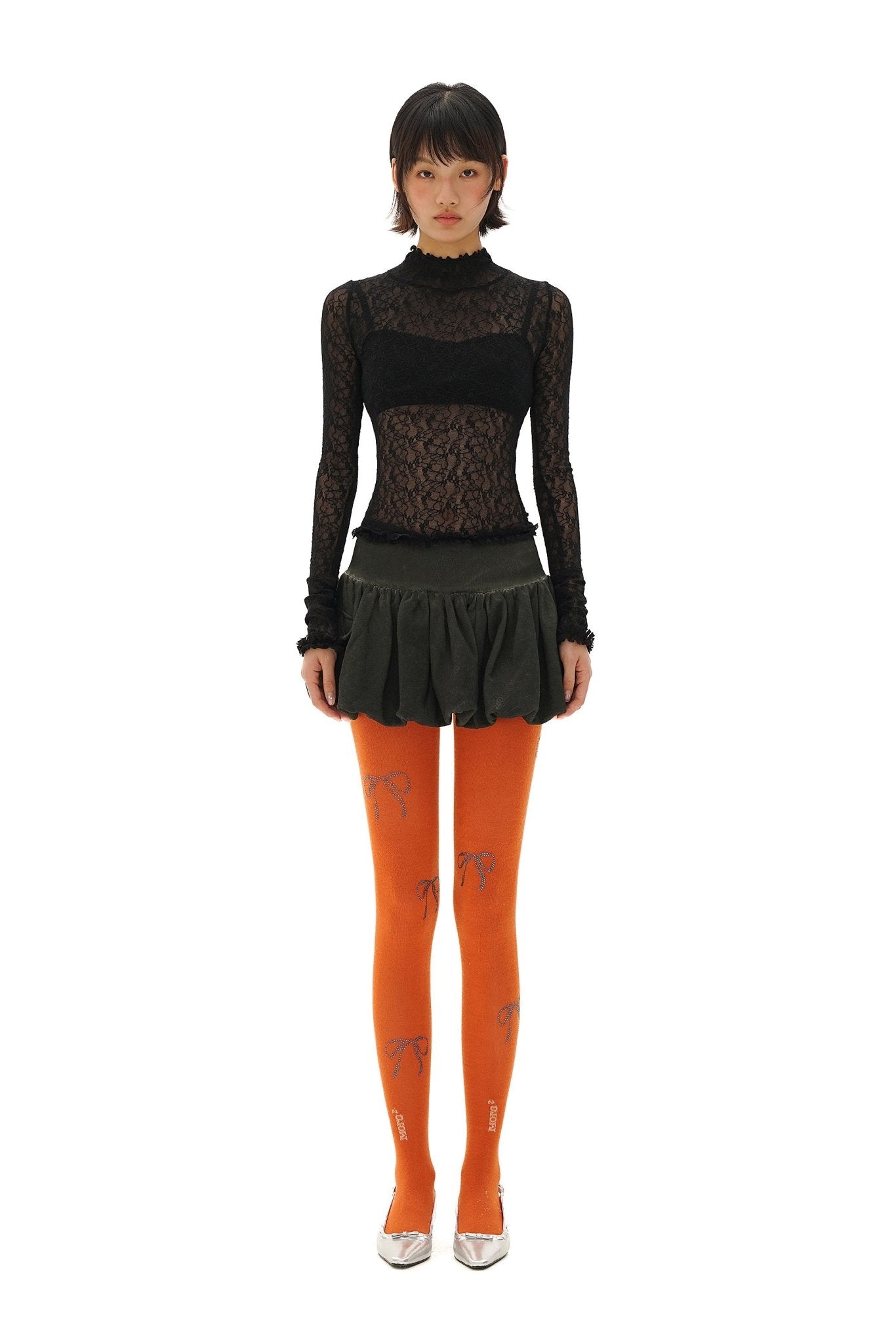 Stretch Lace Ruffled Mock Neck Fitted Long Sleeve Top - COPPING THREADS - MOROMORO