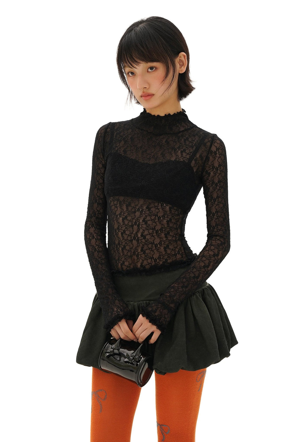 Stretch Lace Ruffled Mock Neck Fitted Long Sleeve Top - COPPING THREADS - MOROMORO