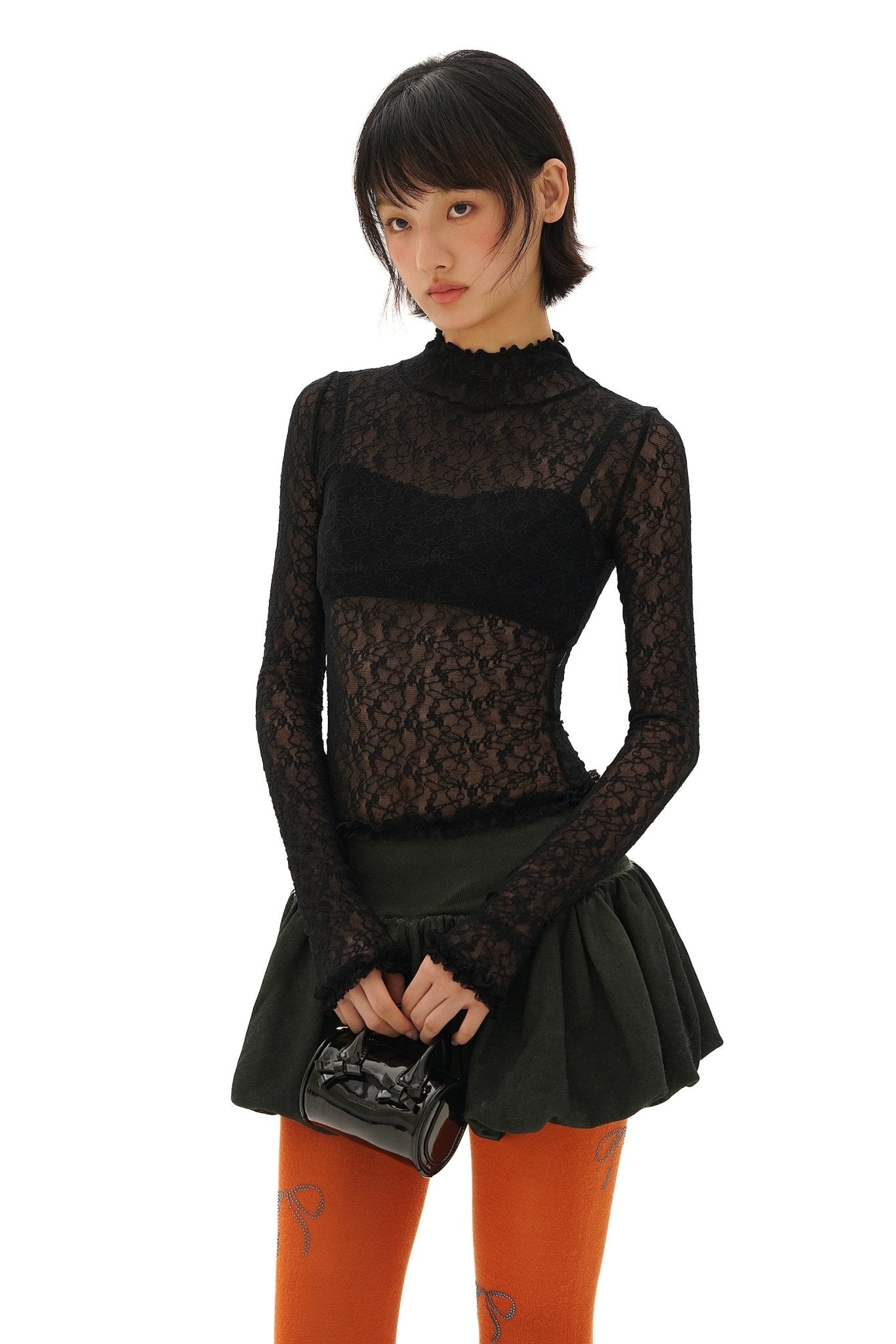 Stretch Lace Ruffled Mock Neck Fitted Long Sleeve Top - COPPING THREADS - MOROMORO