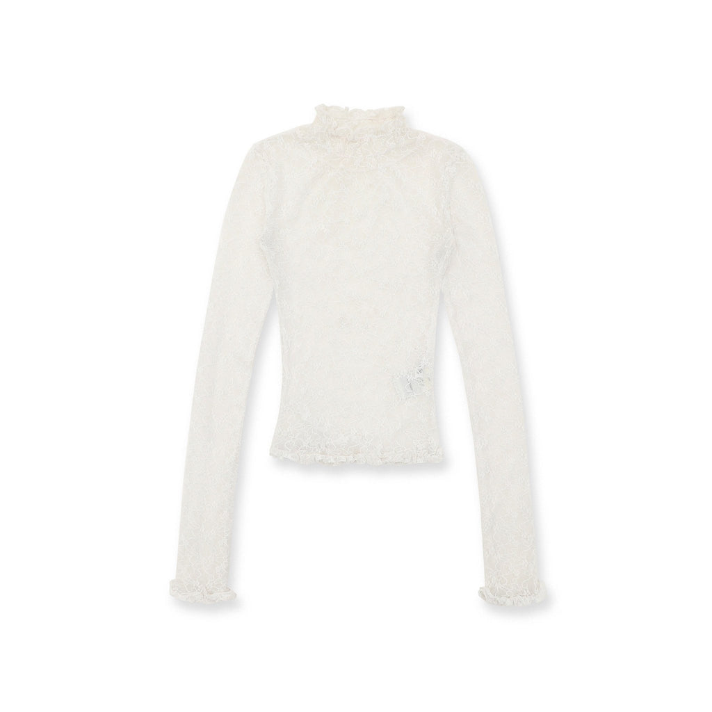 Stretch Lace Ruffled Mock Neck Fitted Long Sleeve Top - COPPING THREADS - MOROMORO