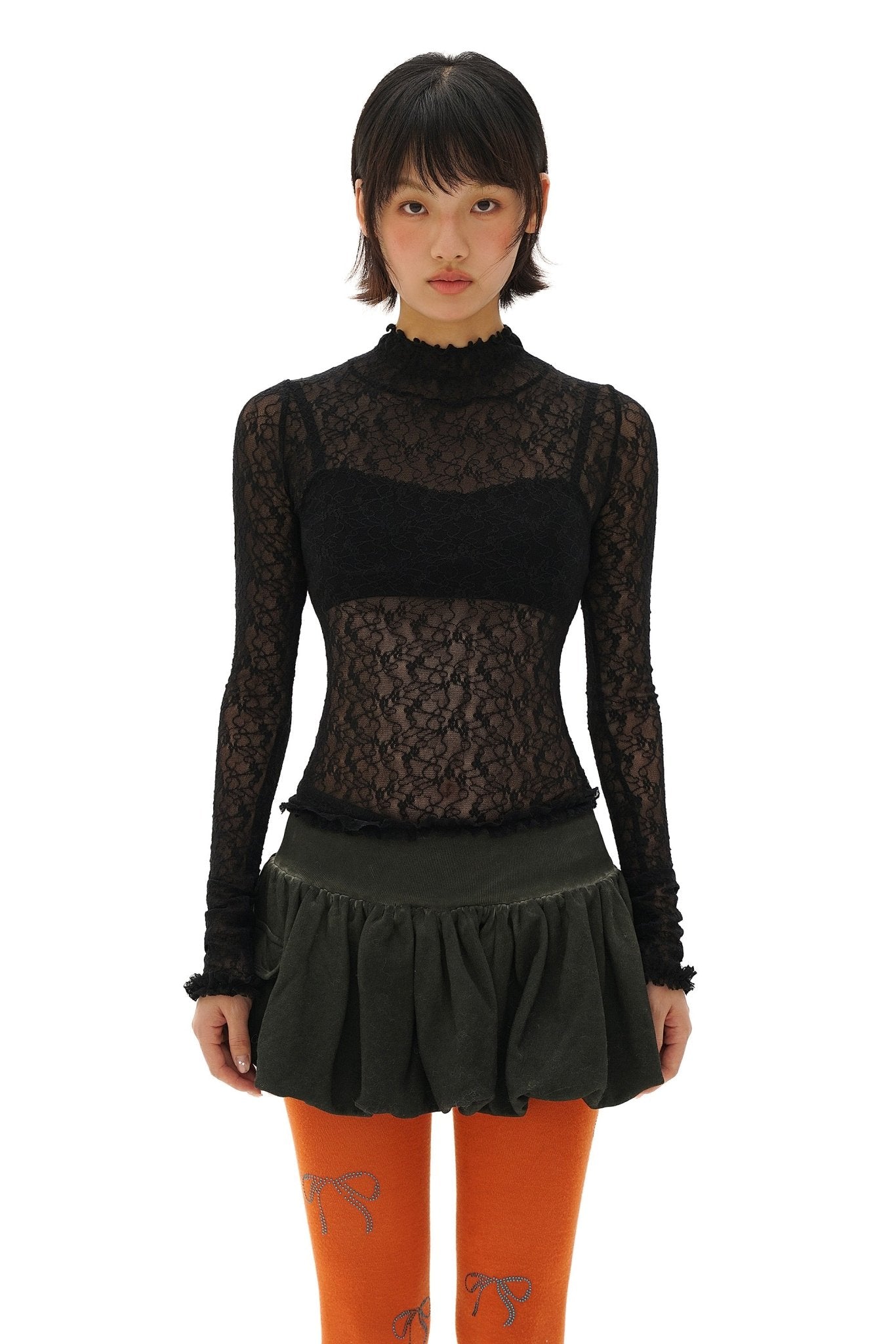 Stretch Lace Ruffled Mock Neck Fitted Long Sleeve Top - COPPING THREADS - MOROMORO