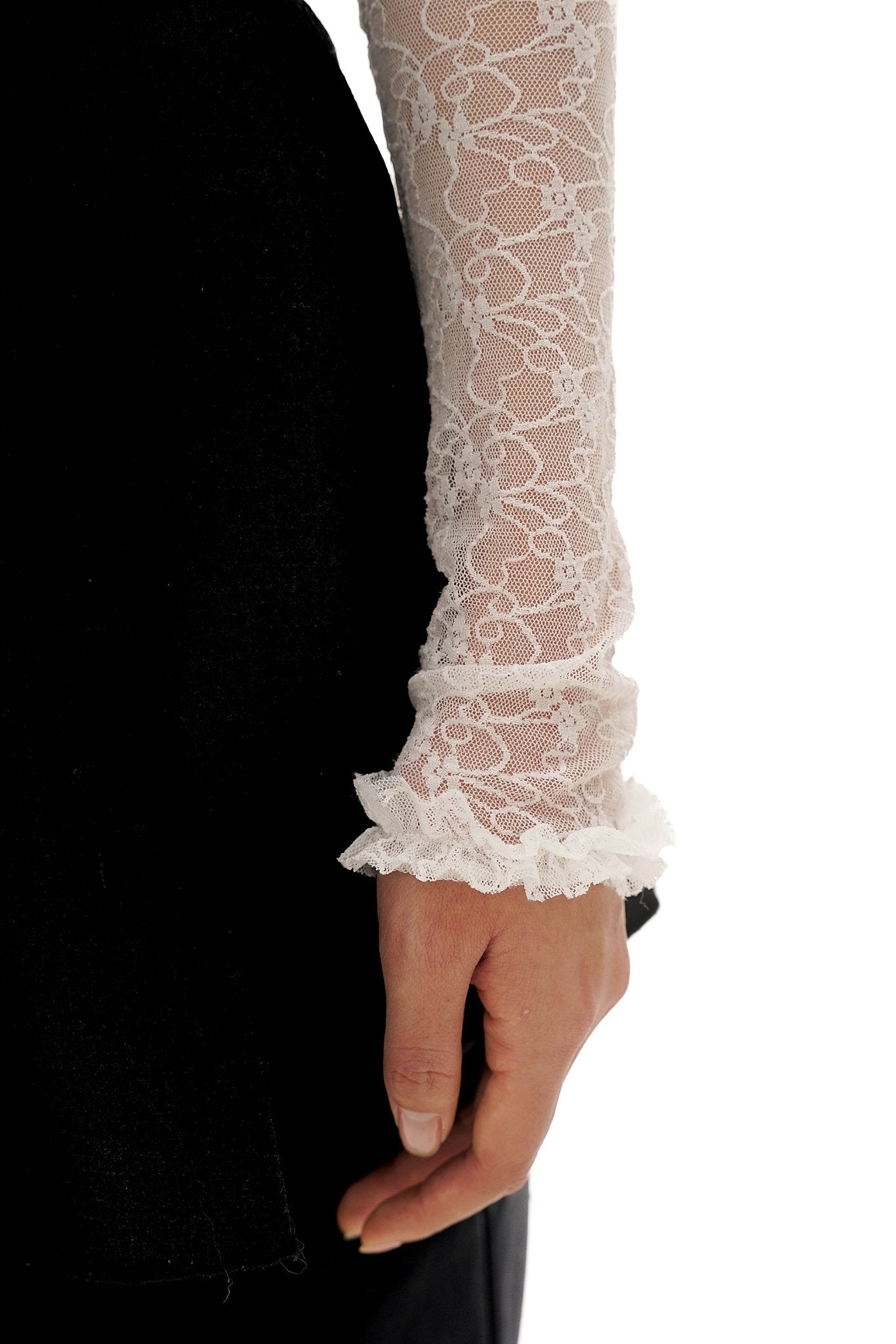 Stretch Lace Ruffled Mock Neck Fitted Long Sleeve Top - COPPING THREADS - MOROMORO