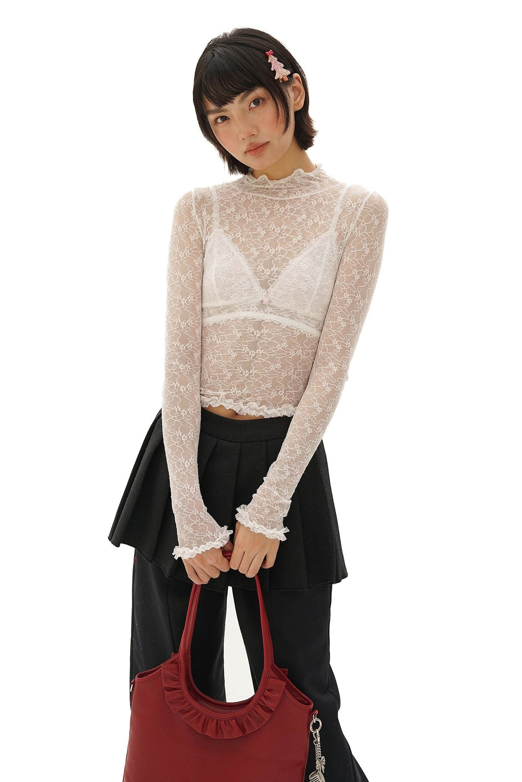 Stretch Lace Ruffled Mock Neck Fitted Long Sleeve Top - COPPING THREADS - MOROMORO