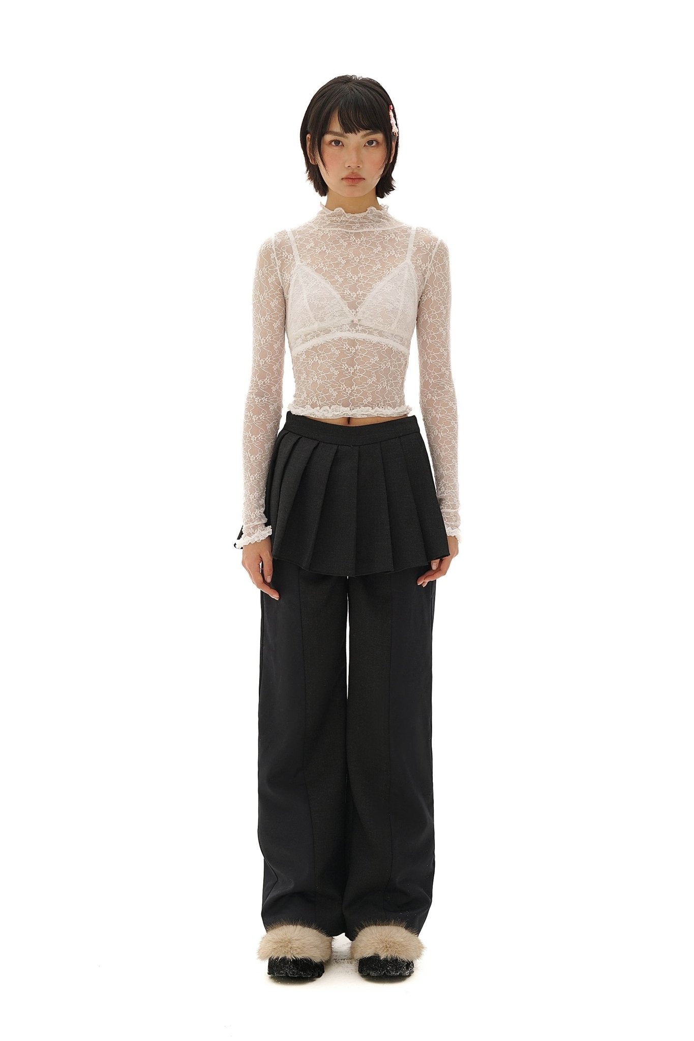 Stretch Lace Ruffled Mock Neck Fitted Long Sleeve Top - COPPING THREADS - MOROMORO