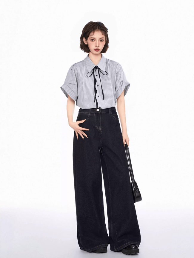 Striped Bow-Tie Polo Collar Shirt Main Image