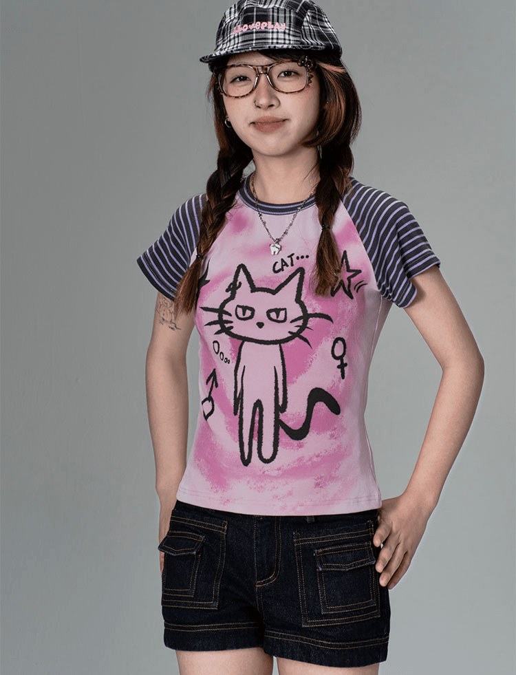 Striped Cat Graphic Raglan Tee - COPPING THREADS - CT Coquette 메인 이미지