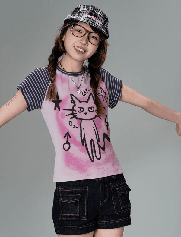 Striped Cat Graphic Raglan Tee - COPPING THREADS - CT Coquette