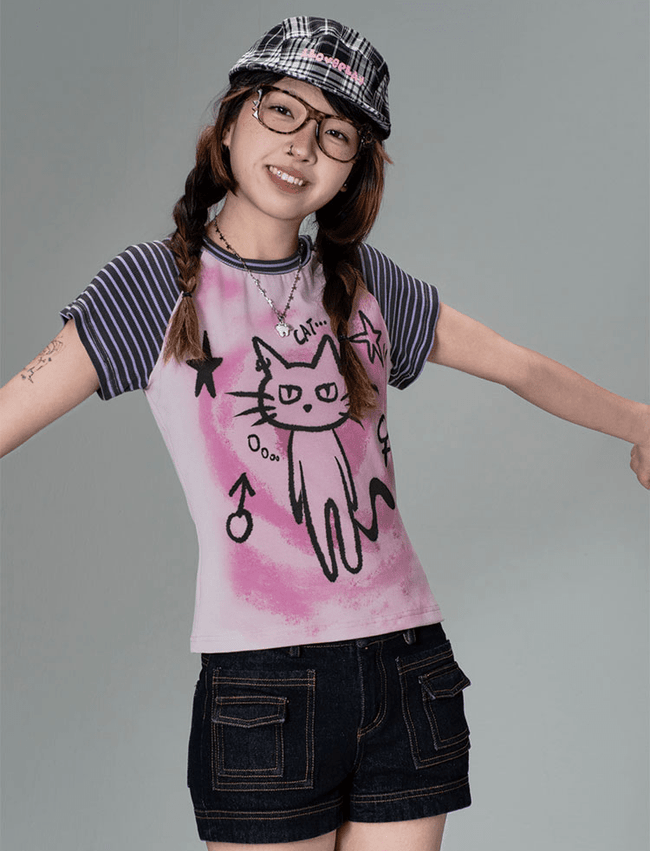 Striped Cat Graphic Raglan Tee Main Image