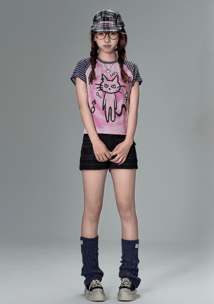 Striped Cat Graphic Raglan Tee - COPPING THREADS - CT Coquette