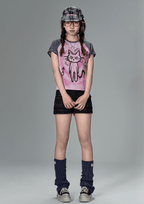 Striped Cat Graphic Raglan Tee - COPPING THREADS - CT Coquette