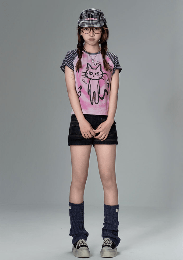 Striped Cat Graphic Raglan Tee - COPPING THREADS - CT Coquette