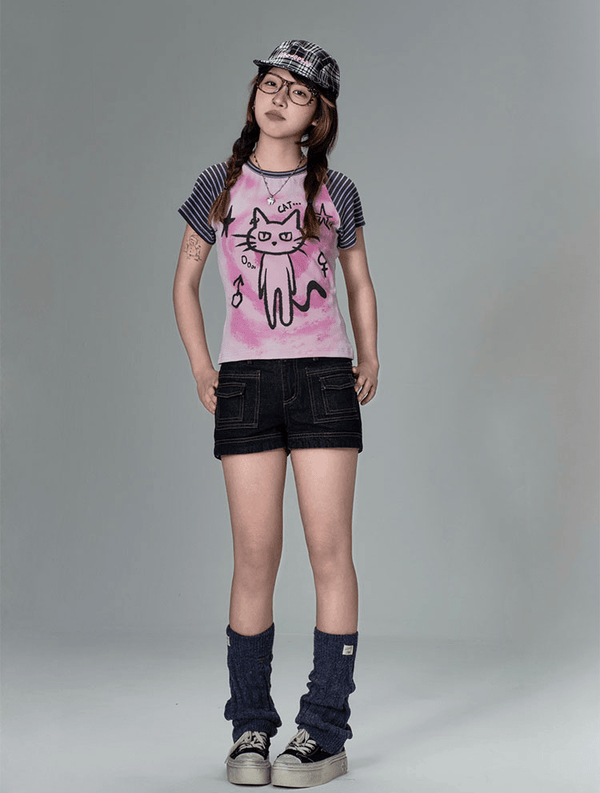 Striped Cat Graphic Raglan Tee - COPPING THREADS - CT Coquette