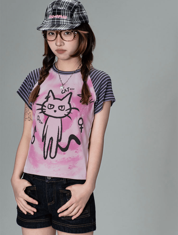 Striped Cat Graphic Raglan Tee - COPPING THREADS - CT Coquette