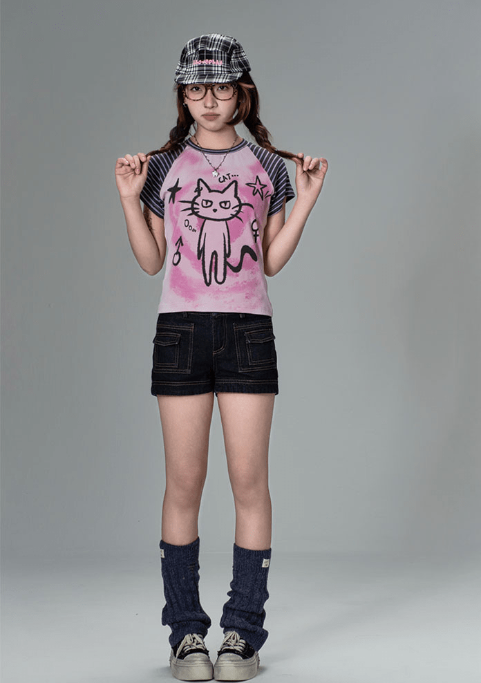 Striped Cat Graphic Raglan Tee - COPPING THREADS - CT Coquette