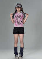 Striped Cat Graphic Raglan Tee - COPPING THREADS - CT Coquette