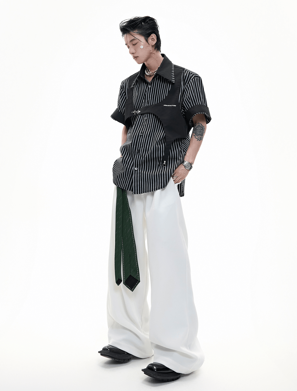Striped Deconstructed Shirt with Layered Harness Vest - COPPING THREADS - ArguE CulturE