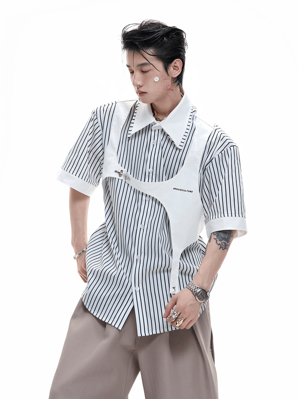 Striped Deconstructed Shirt with Layered Harness Vest - COPPING THREADS - ArguE CulturE