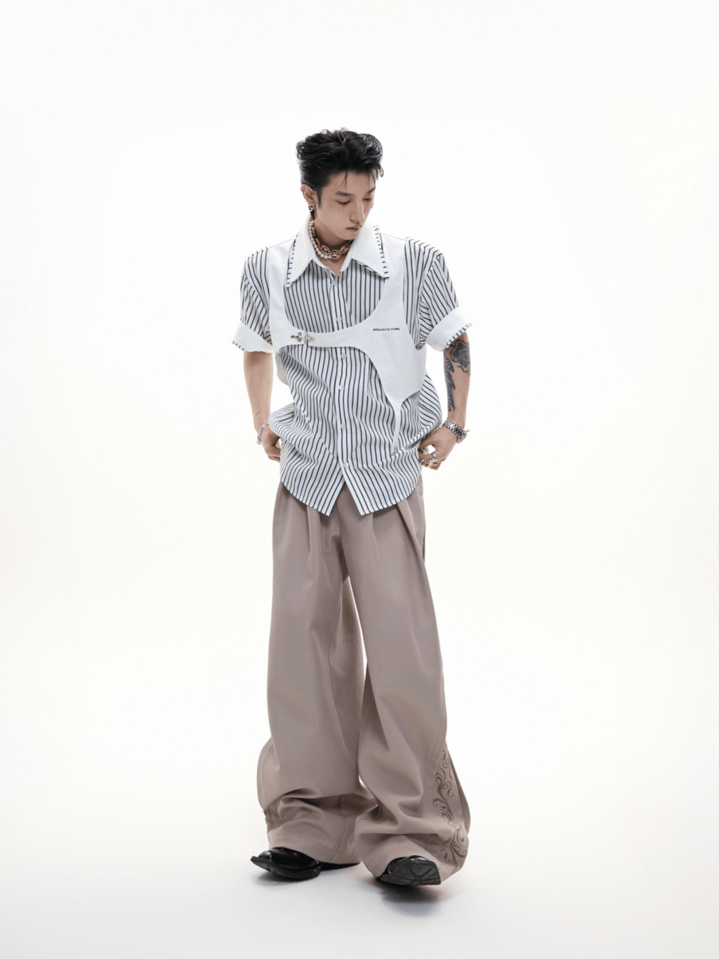 Striped Deconstructed Shirt with Layered Harness Vest - COPPING THREADS - ArguE CulturE