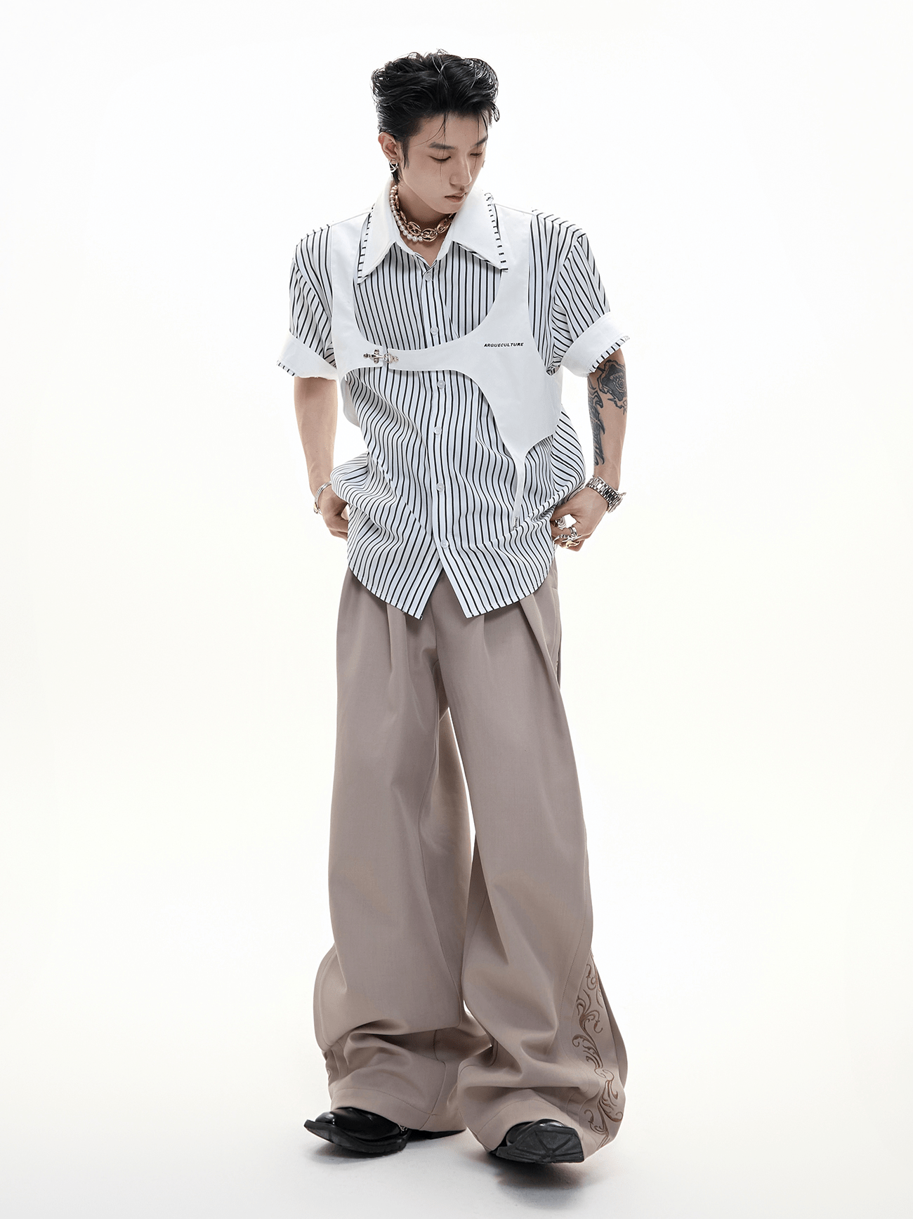 Striped Deconstructed Shirt with Layered Harness Vest - COPPING THREADS - ArguE CulturE