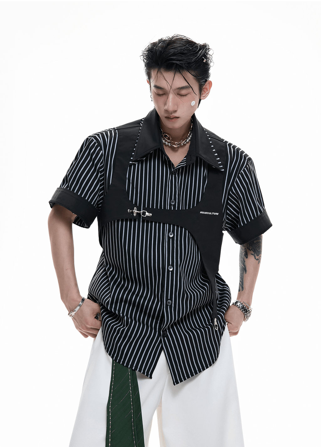 Striped Deconstructed Shirt with Layered Harness Vest - COPPING THREADS - ArguE CulturE