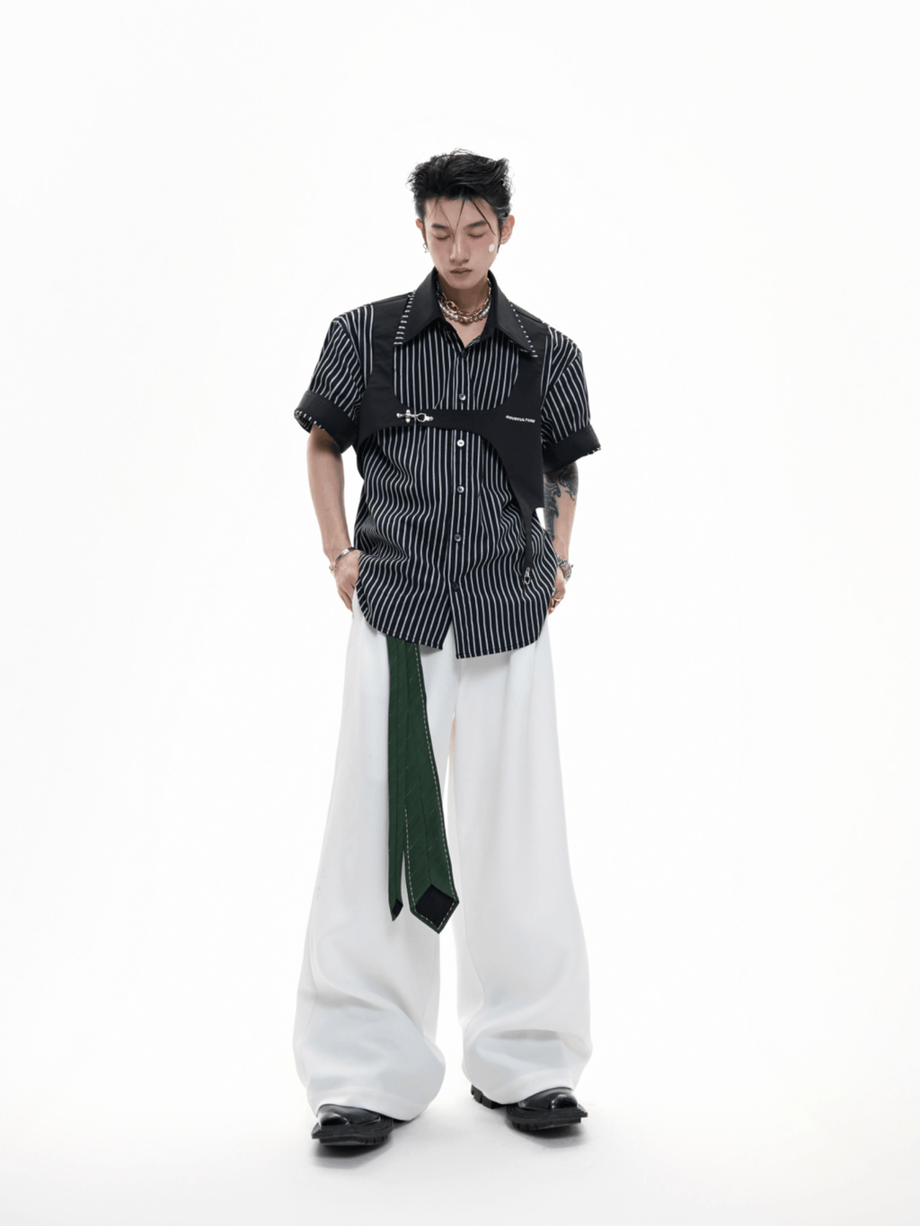 Striped Deconstructed Shirt with Layered Harness Vest - COPPING THREADS - ArguE CulturE