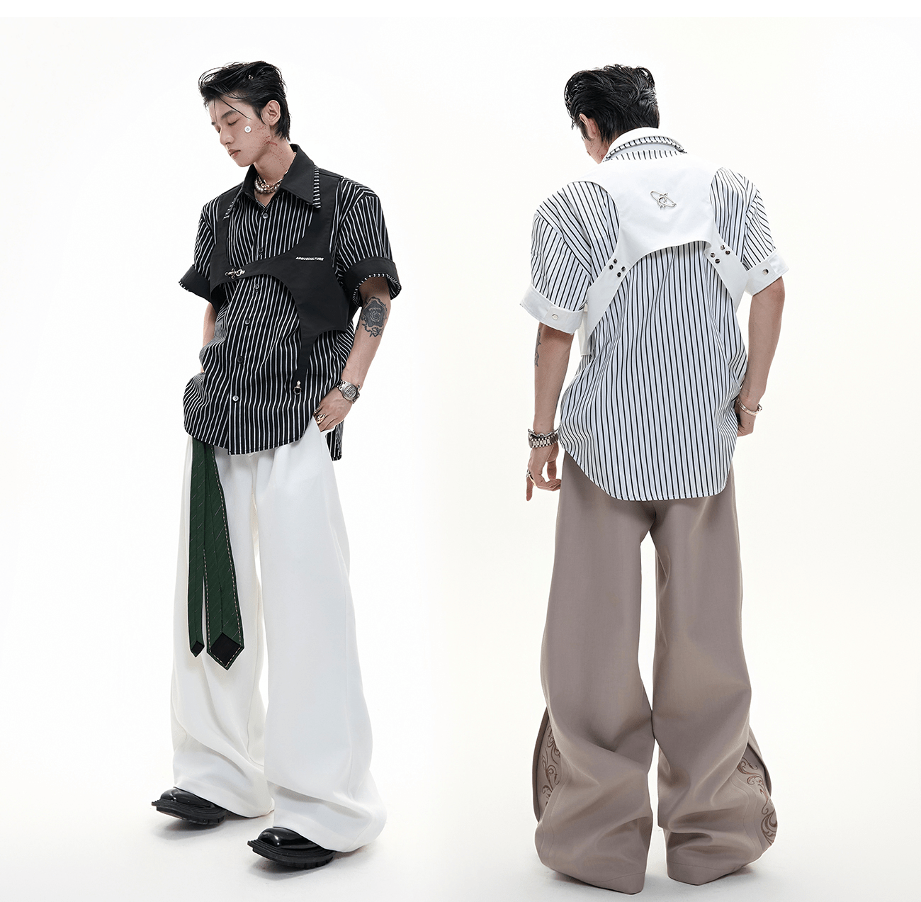 Striped Deconstructed Shirt with Layered Harness Vest - COPPING THREADS - ArguE CulturE