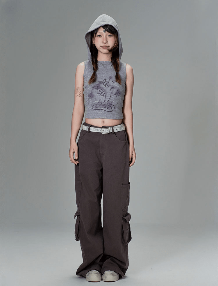 Striped Dolphin Graphic Cropped Hoodie Tank Top - COPPING THREADS - CT Coquette