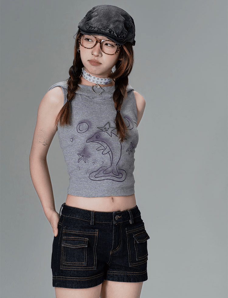 Striped Dolphin Graphic Cropped Hoodie Tank Top - COPPING THREADS - CT Coquette