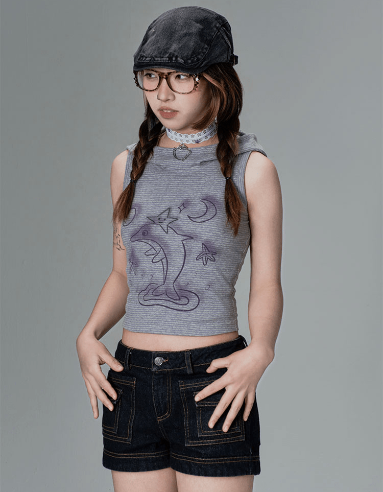 Striped Dolphin Graphic Cropped Hoodie Tank Top - COPPING THREADS - CT Coquette