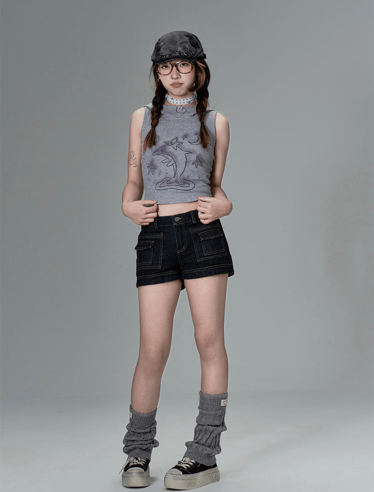 Striped Dolphin Graphic Cropped Hoodie Tank Top - COPPING THREADS - CT Coquette