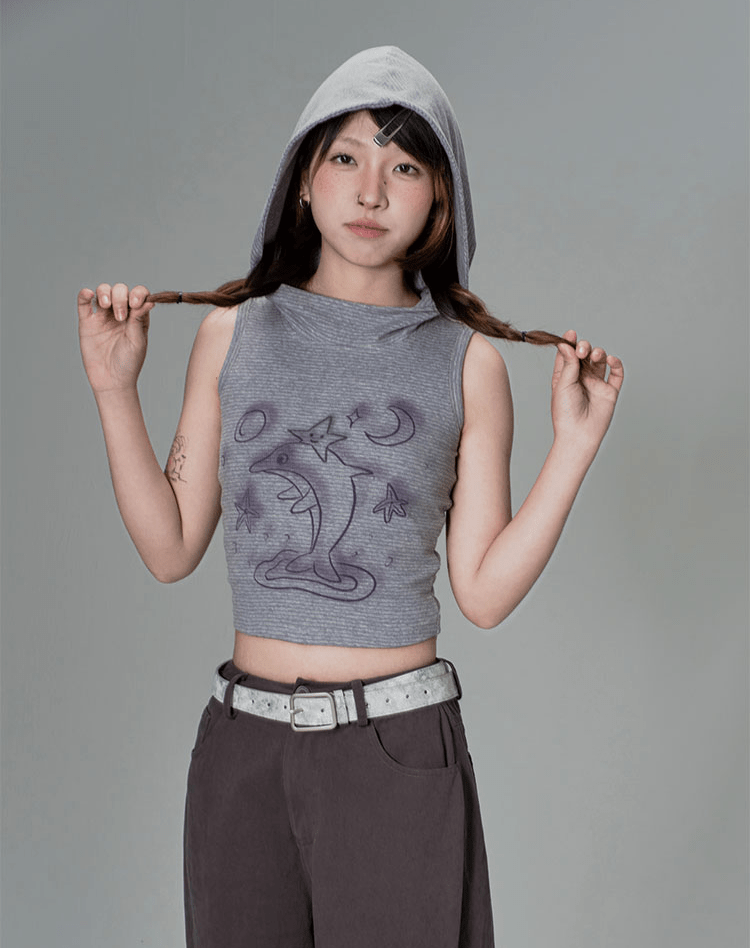 Striped Dolphin Graphic Cropped Hoodie Tank Top - COPPING THREADS - CT Coquette