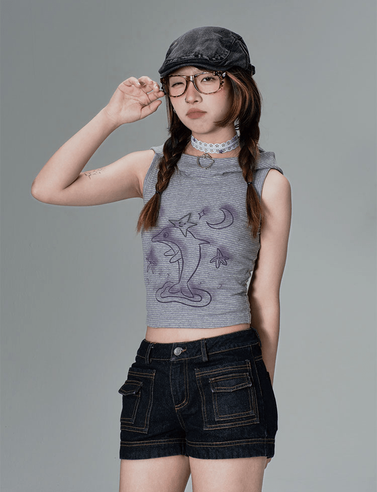Striped Dolphin Graphic Cropped Hoodie Tank Top - COPPING THREADS - CT Coquette