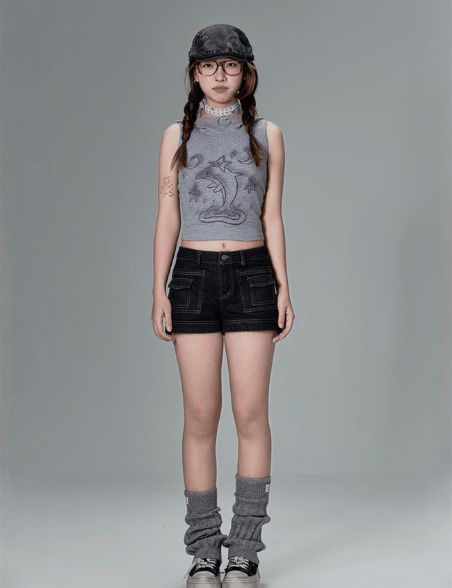 Striped Dolphin Graphic Cropped Hoodie Tank Top Main Image