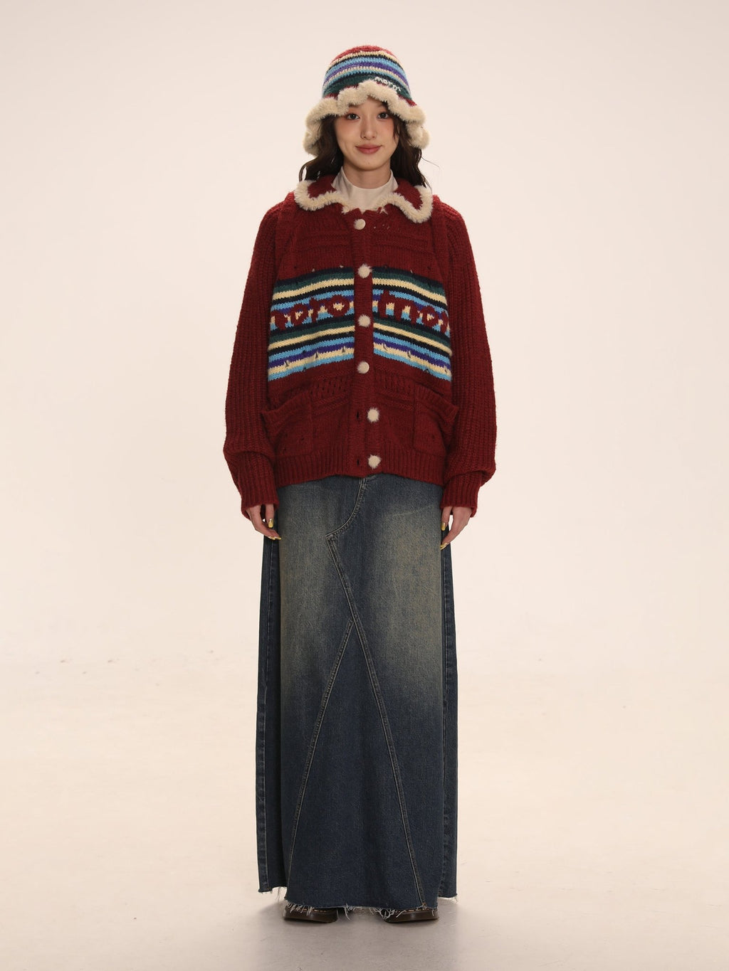 Striped Jacquard Loose Knitted Cardigan - COPPING THREADS - MOROMORO