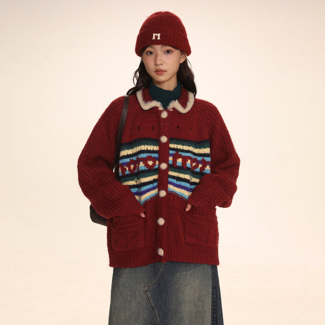 Striped Jacquard Loose Knitted Cardigan - COPPING THREADS - MOROMORO Hover Image