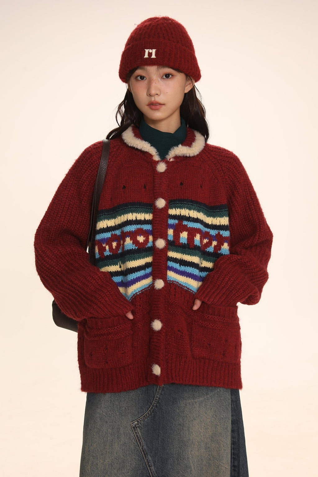 Striped Jacquard Loose Knitted Cardigan - COPPING THREADS - MOROMORO