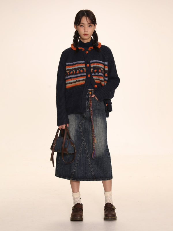 Striped Jacquard Loose Knitted Cardigan - COPPING THREADS - MOROMORO