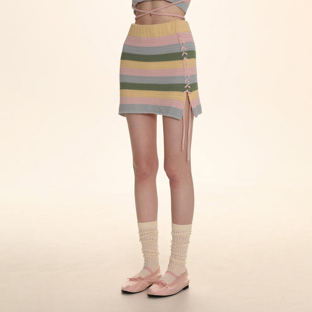 Striped Knit Embroidered Mini Skirt - COPPING THREADS - MOROMORO