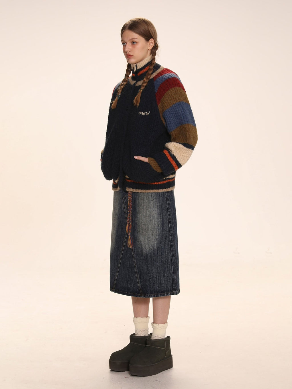 Striped Raglan Sleeves Wool Knitted Cardigan - COPPING THREADS - MOROMORO