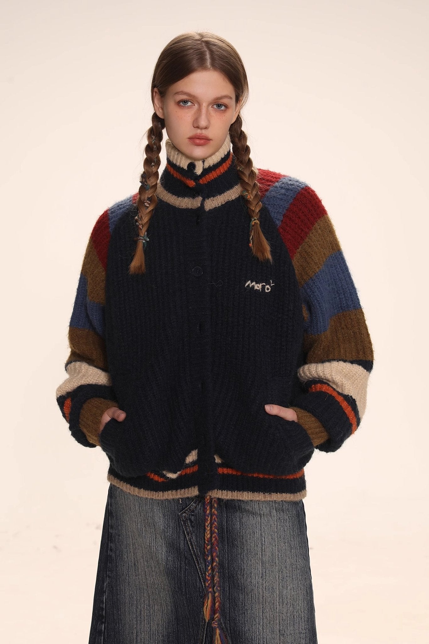 Striped Raglan Sleeves Wool Knitted Cardigan - COPPING THREADS - MOROMORO