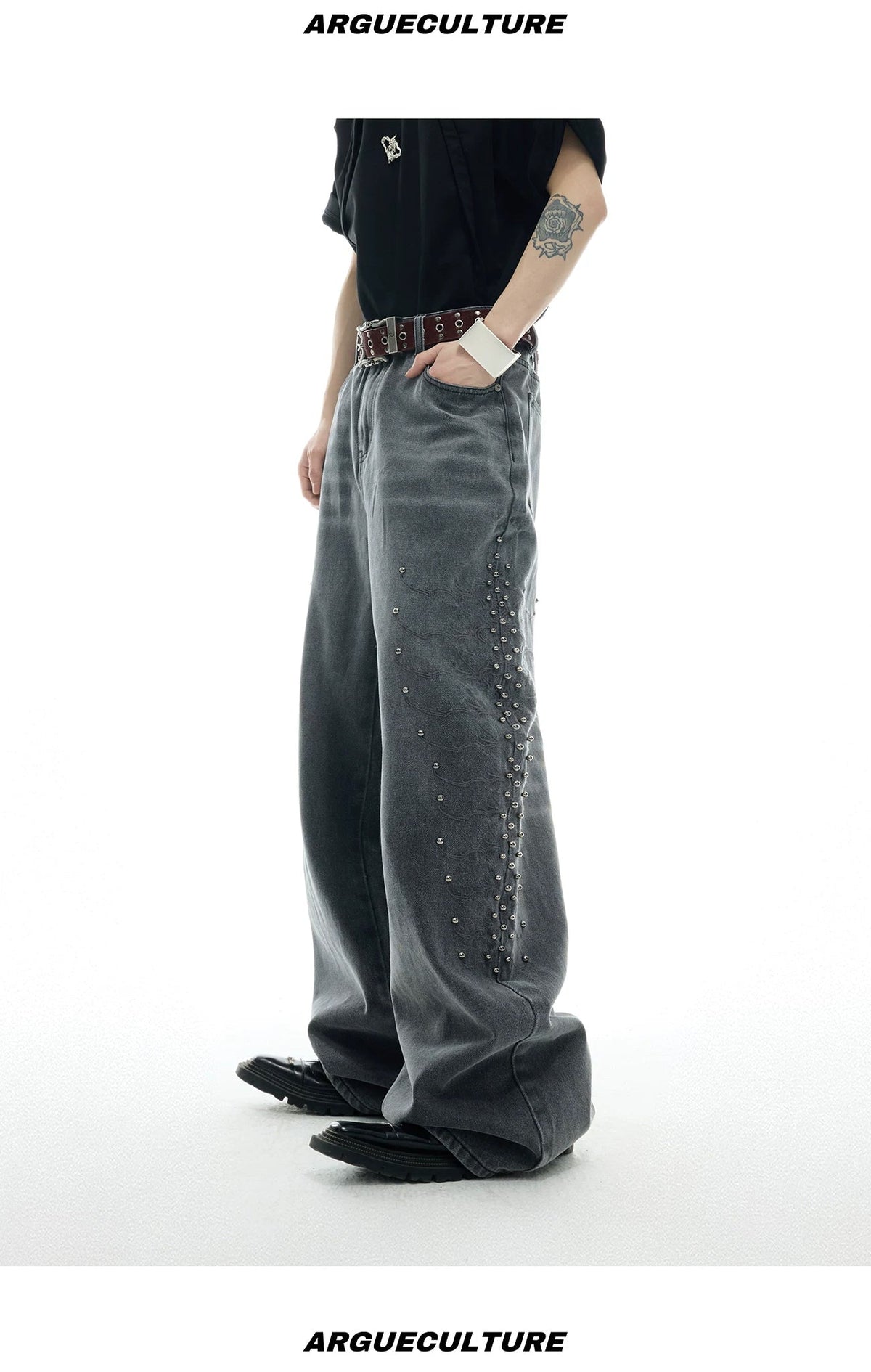 Studded Spine-Panel Washed Jeans - COPPING THREADS - Argue Culture