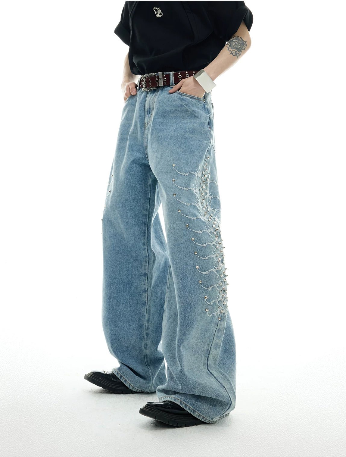 Studded Spine-Panel Washed Jeans - COPPING THREADS - Argue Culture