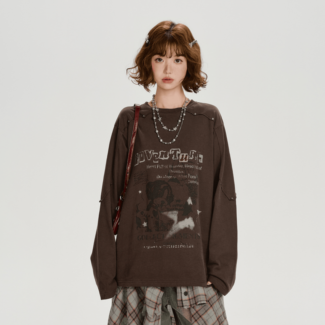 Studded Vintage Graphic Long Sleeve Tee - COPPING THREADS - CHICISLAND Hover Image