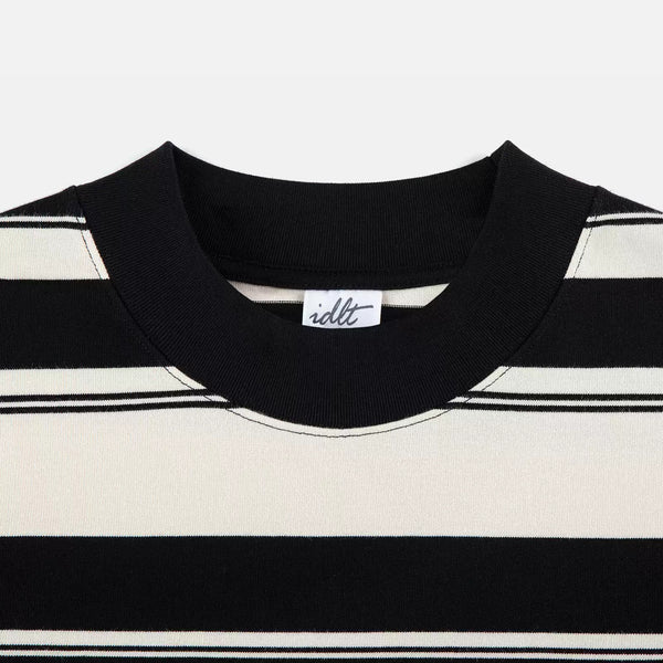IDLT striped T-shirt, black collar close-up.