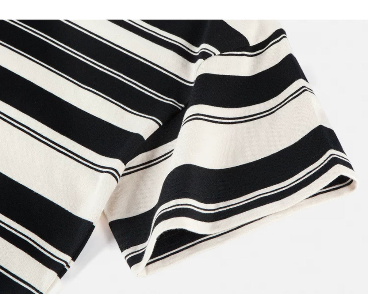 IDLT striped T-shirt, black and cream sleeve.