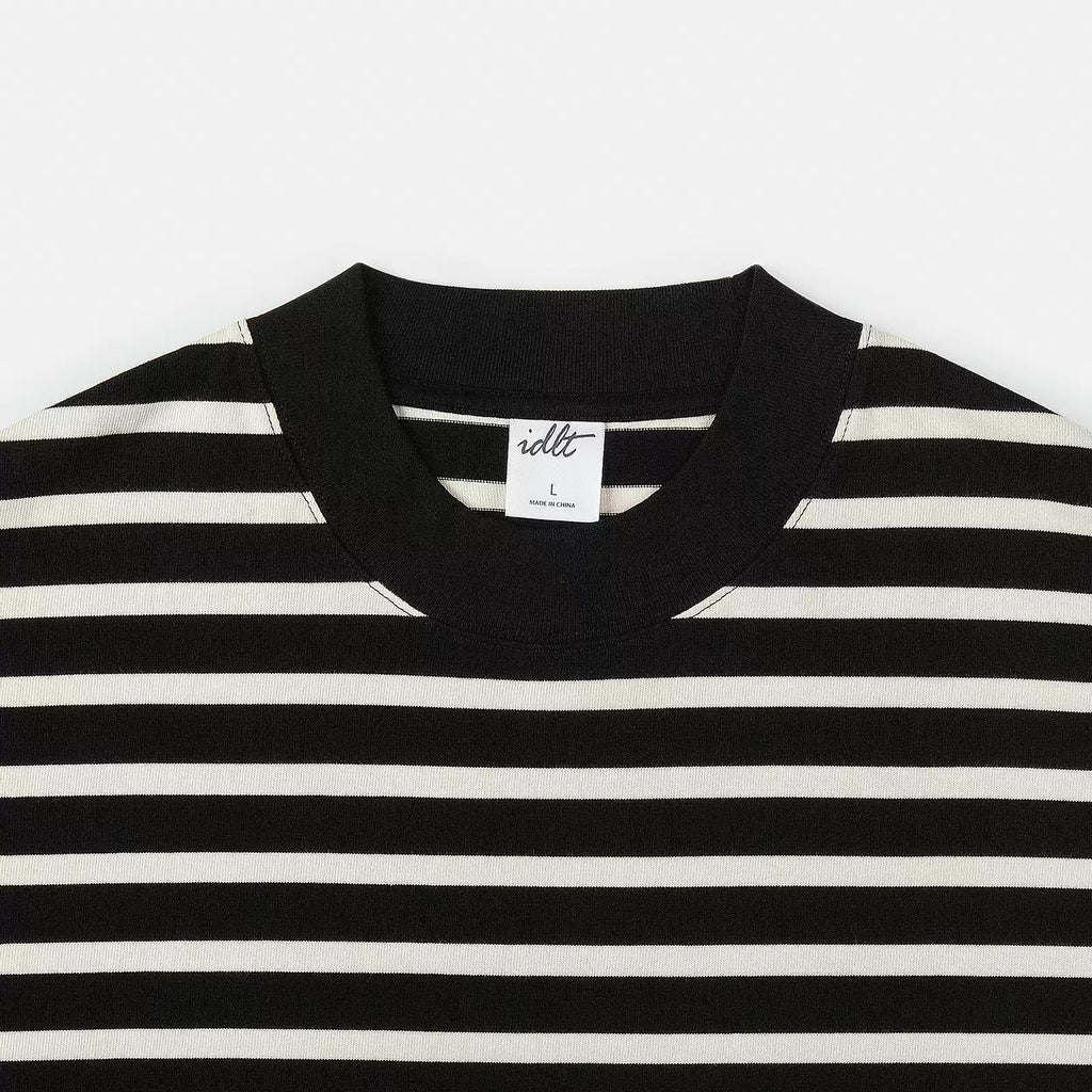 IDLT striped T-shirt, black collar close-up.
