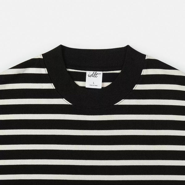 IDLT striped T-shirt, black collar close-up.