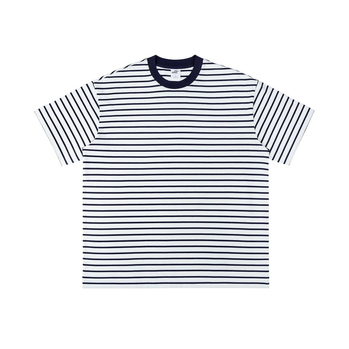 IDLT striped T-shirt, white and navy front.