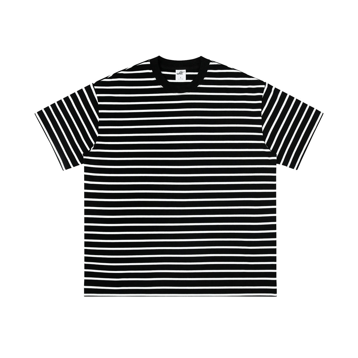 IDLT striped T-shirt, black front.